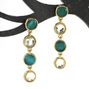 Green stone with gold metal trim dangle earrings
